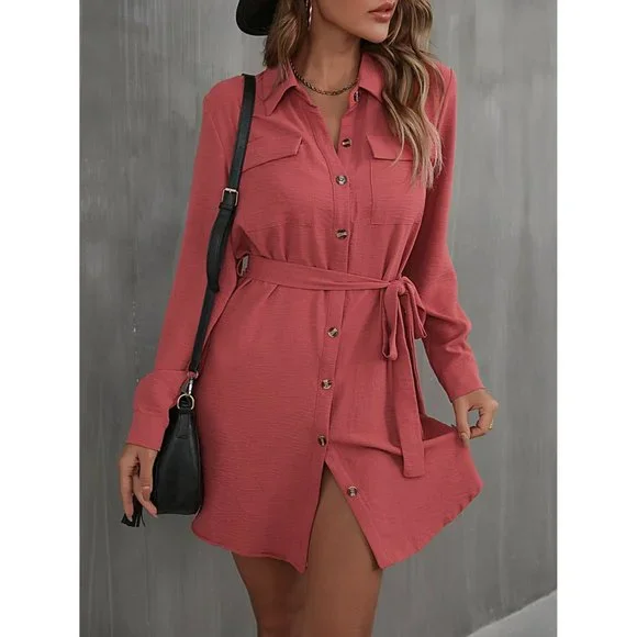 Button Down Belted Long Sleeve Shirt Dress - Picture 6 of 6